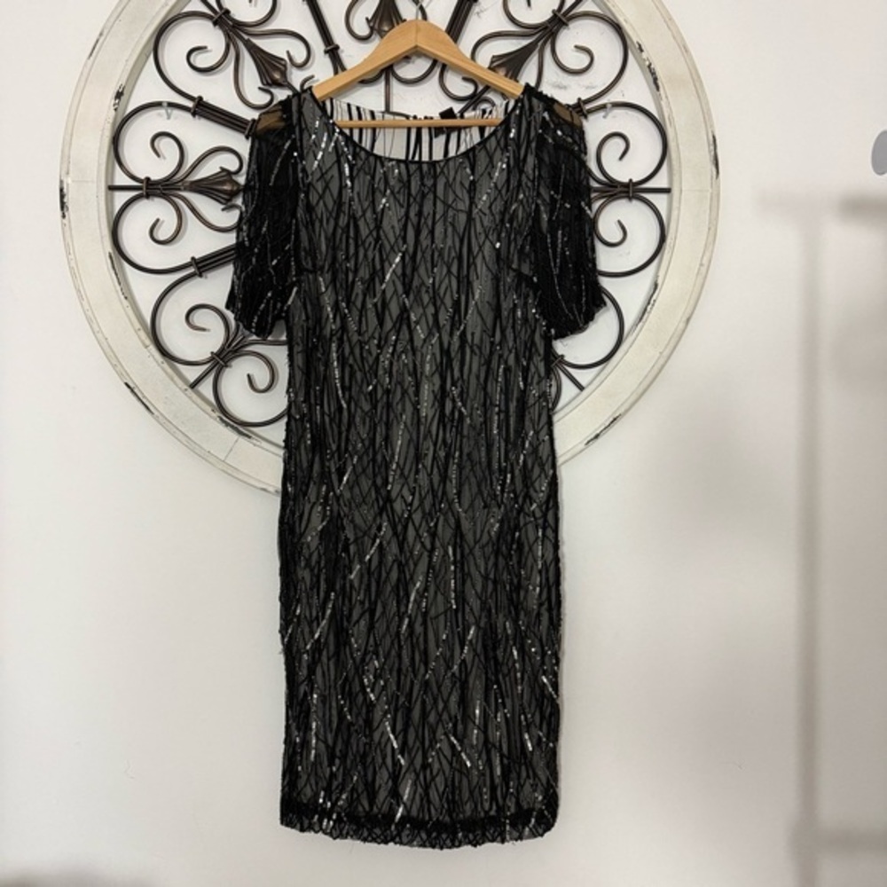 St. John Beaded Sequin Cocktail Dress Black Silk Evening Size 4